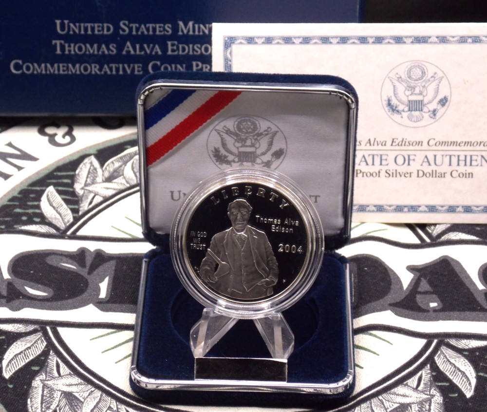 2004 "P" Commemorative PROOF Thomas Alva *EDISON* Silver Dollar $1 Box & COA