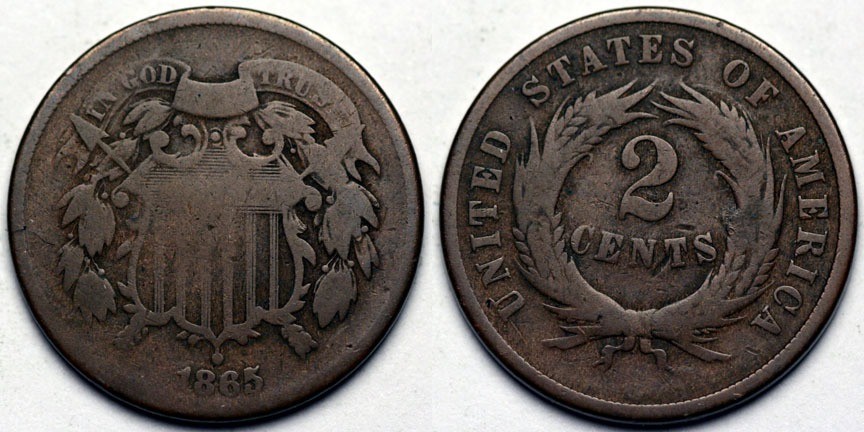 1865 Two Cent Piece - Repunched Date