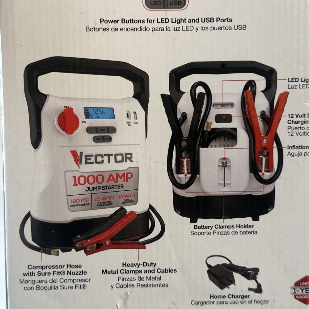 VECTOR 1000 Amp Jump Starter Compressor USB Power Outlets And LED Light VECJ1C
