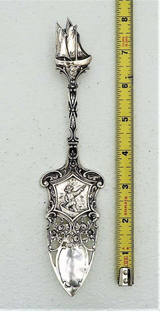 German Solid Silver Desert Entree Pierced Server Engraved Design Sail Ship End