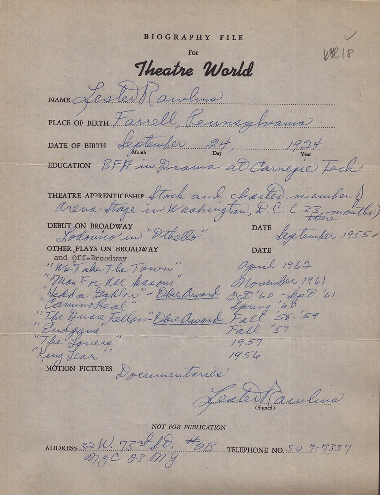 LESTER RAWLINS - AUTOGRAPH RESUME SIGNED