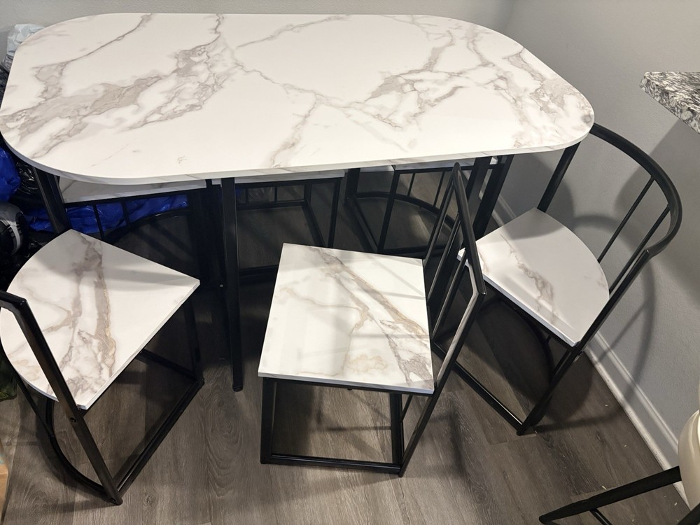 7Piece Marble Pattern Dining Set Space Saving Modern Rectangular Table 6 Chairs