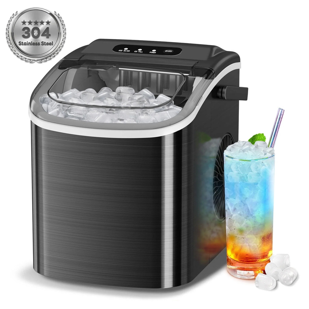 SS Bullet Ice Maker Machine, Ice Maker Countertop with Handle, 26Lbs/24H, 9Pcs/6