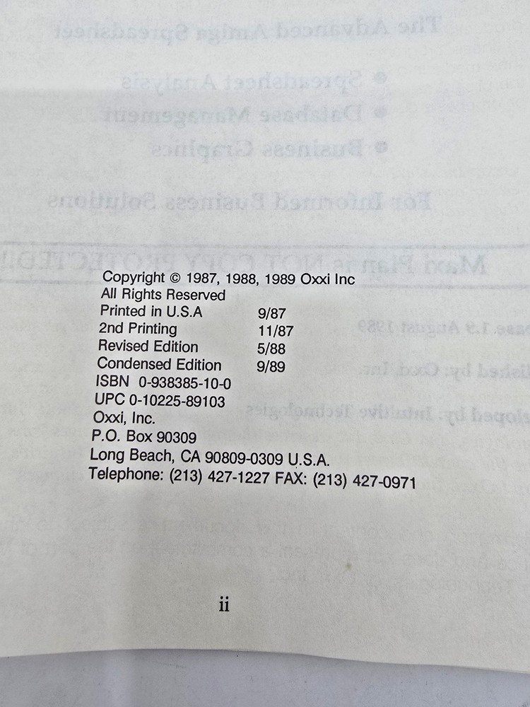 Vintage Amiga MaxiPlan 500 Spreadsheet Software CIB Complete Oxxi Aegis 2 Disk