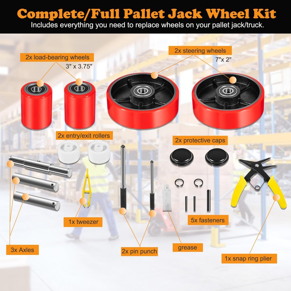 New Pallet Jack/Truck Full Wheel Replacement Kit with Installation Tools