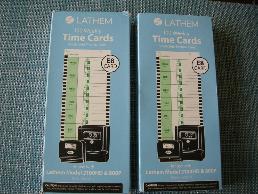 (2) Lathem E8 Time Cards E8-100 Weekly Model 2100HD & 800P - 100 Count One Sided