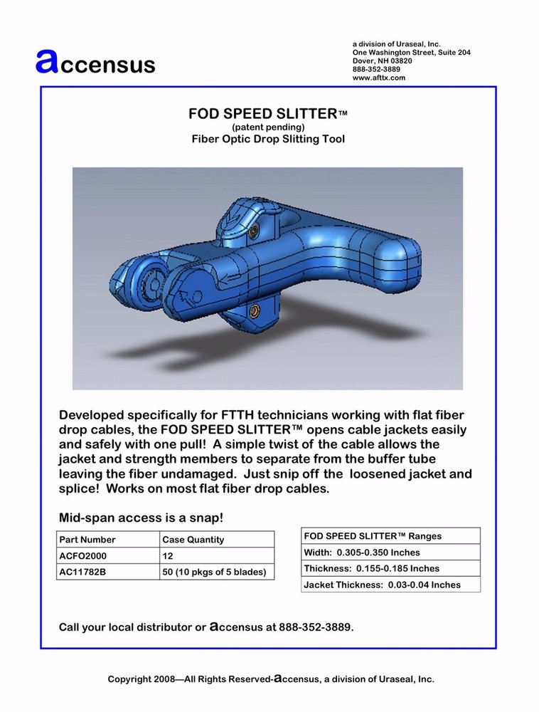 Fiber Optic Drop Cable Stripping Tool FOD Speed Slitter Accensus