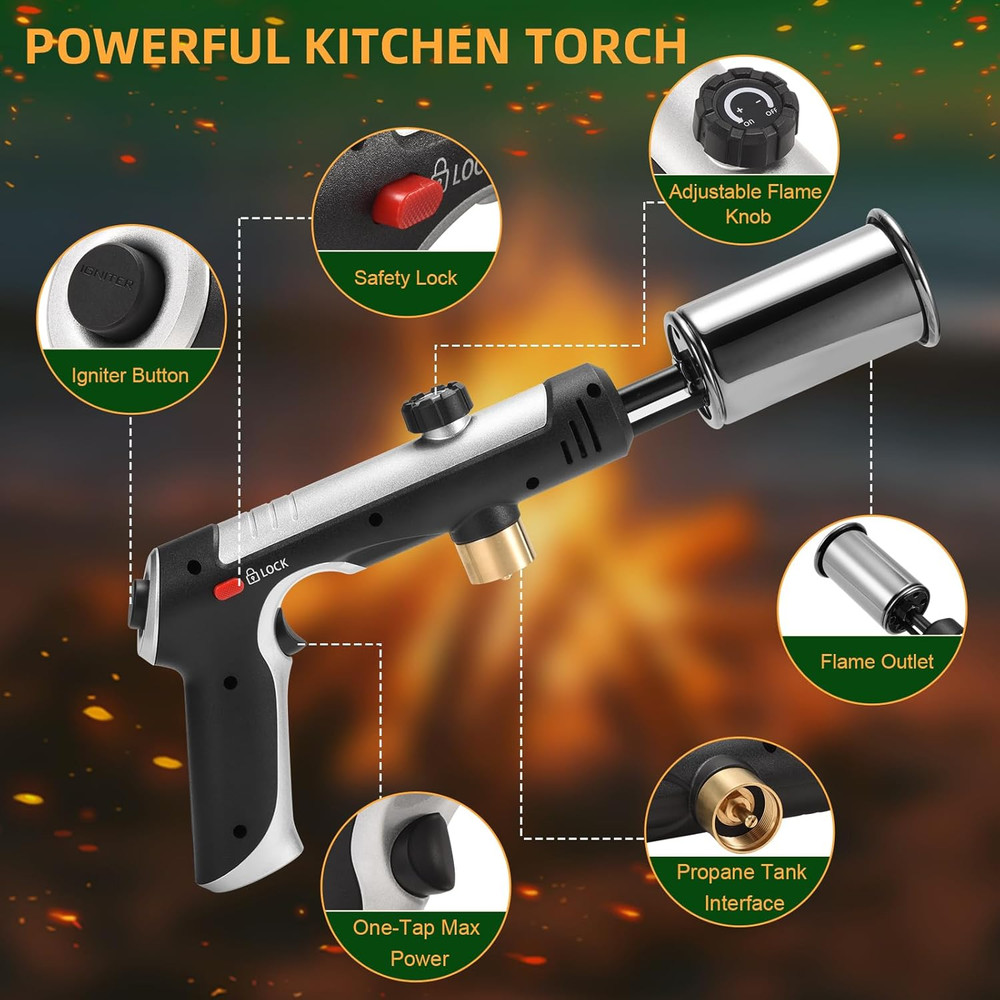 Powerful Propane Torch with One-Touch Max Fire, Adjustable Kitchen Torch with Sa