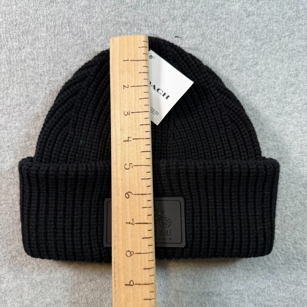 Coach Black Wool Knit Beanie Hat Womens Logo Patch Classic Solid One Size NWT