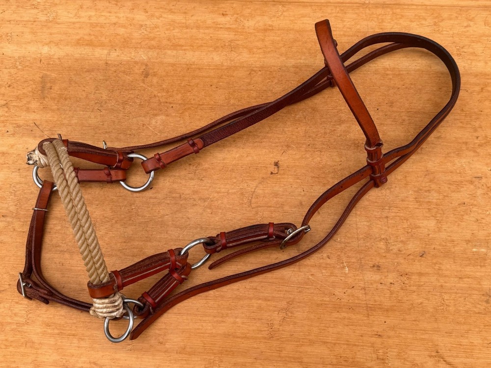 Double Rope Nose Leather SIDEPULL Horse Headstall ~ Training ~ Bitless
