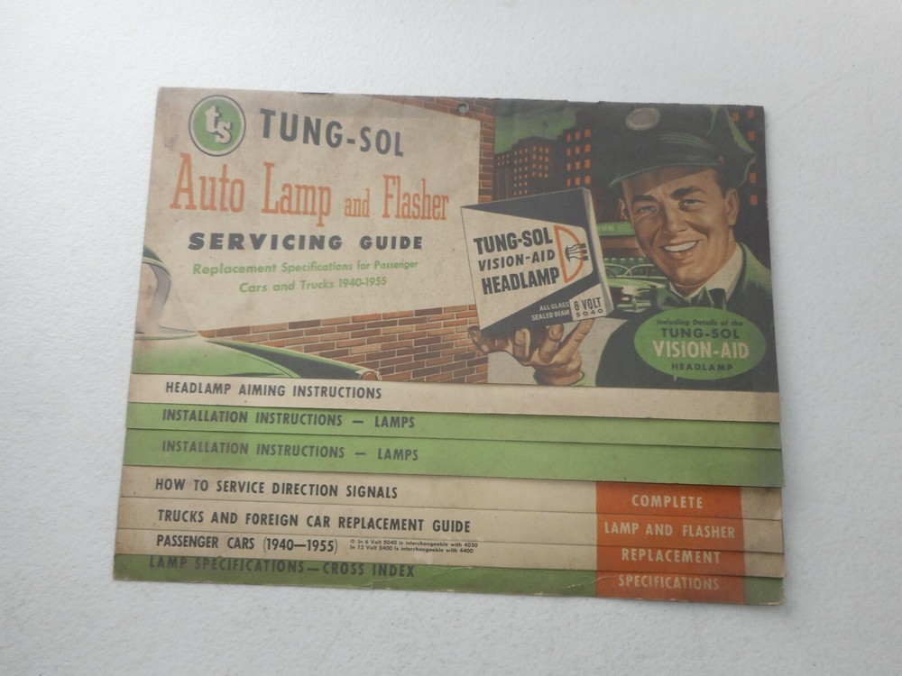 Vintage 1955 Tung-Sol Headlight Servicing Guide Chart Gas Station