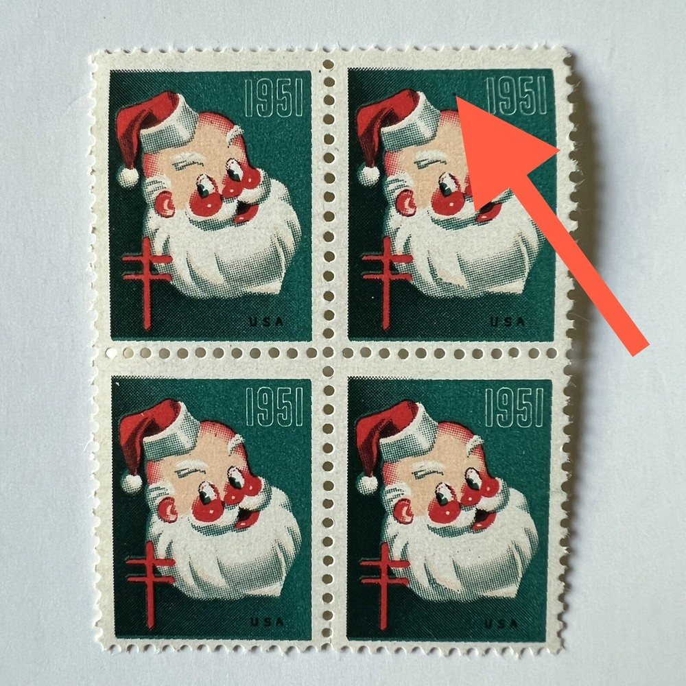 ERROR 1951 CHRISTMAS SEAL BLOCK WITH BLACK DOT ABOVE HEAD MNH