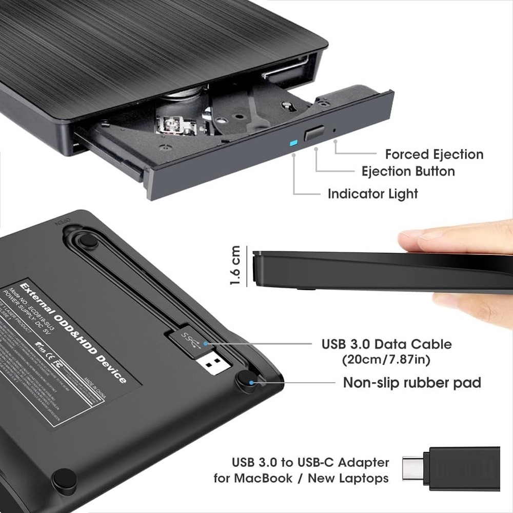 ROOFULL External DVD CD Drive USB C 3.0 Laptop Mac Windows Burner