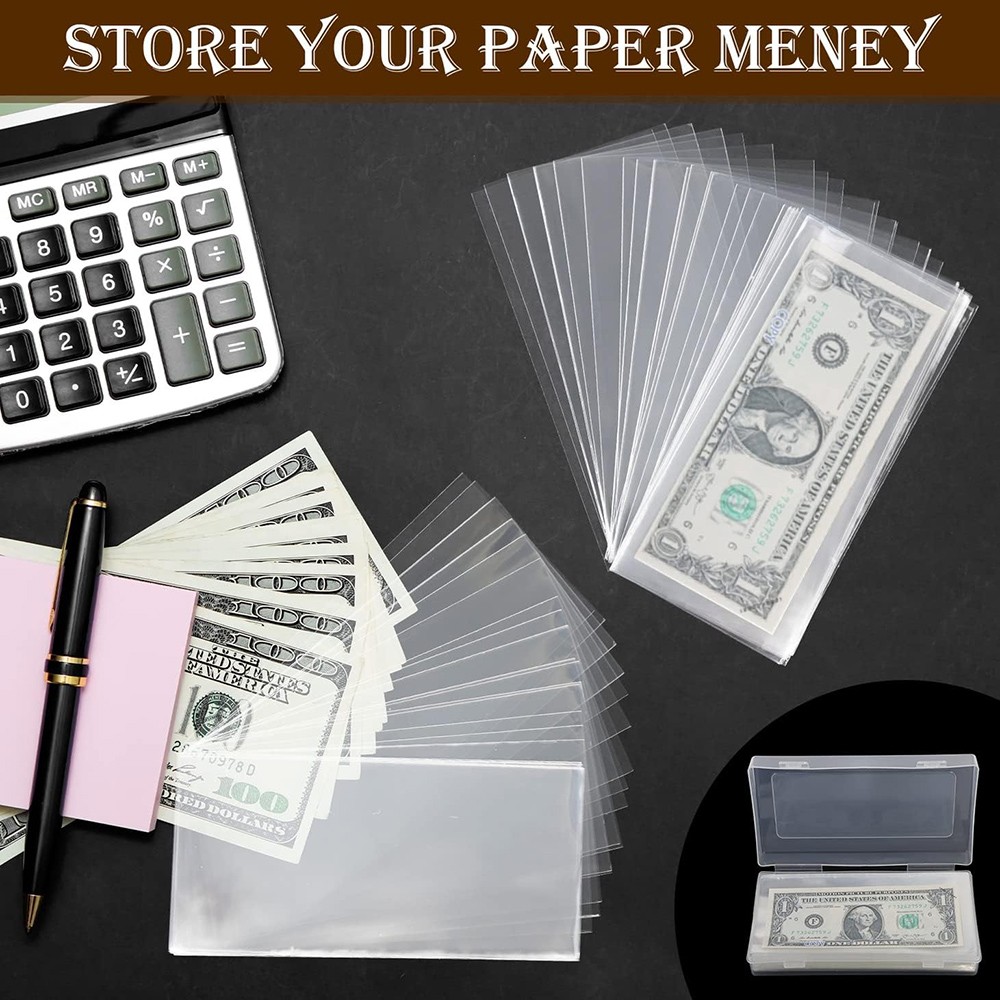 200 Pack Dollar Bill Holder Clear Rigid Sideload Currency Sleeves + Storage Case