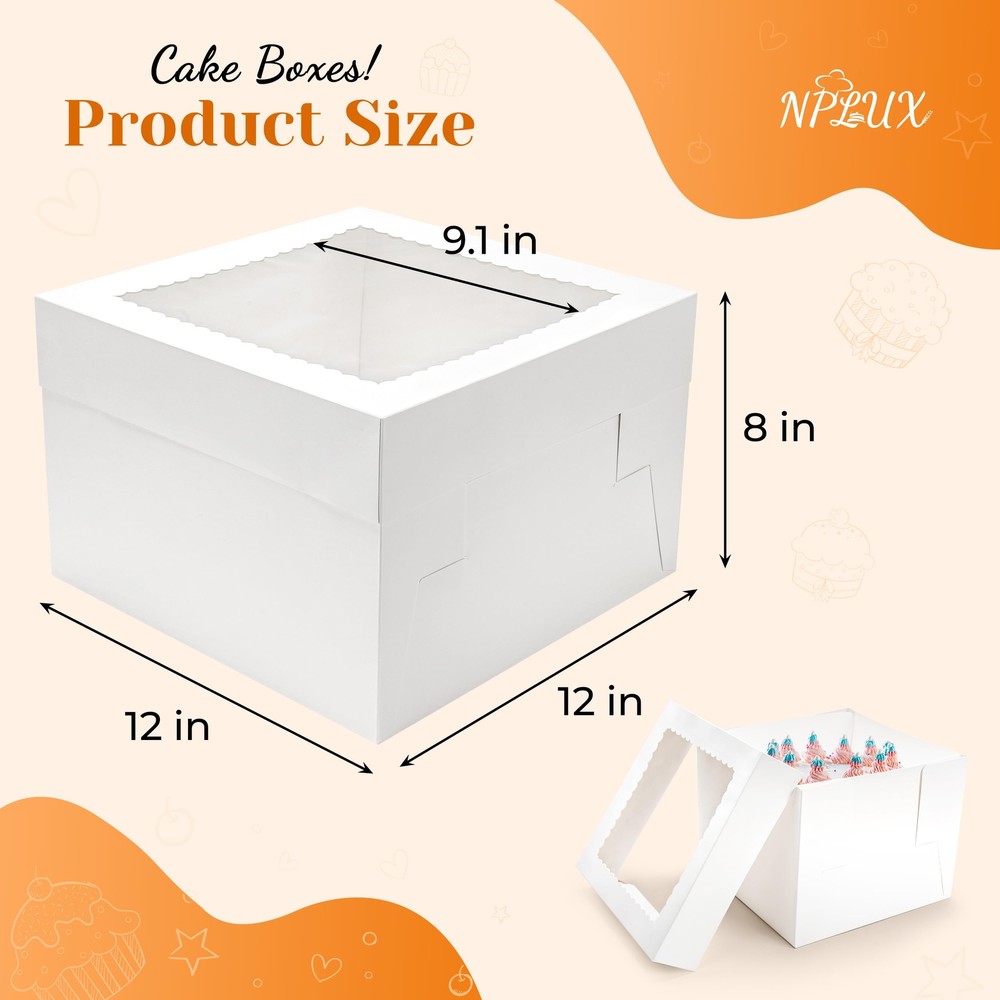 15 Pack Cake Boxes 12x12x8 Inch White Cake Boxes with Window Cajas Para Paste...