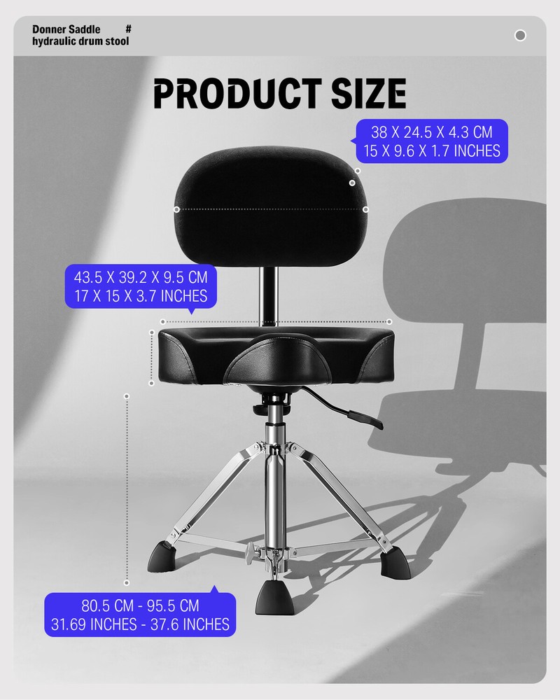 Donner DHT-250 Drum Throne With Backrest Motorcycle Style Stool Adjust Height