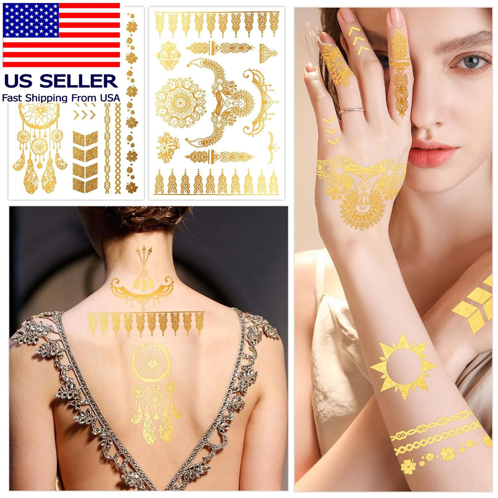 9 Sheets Metallic Tattoos, Elaborate Floral Elephant Patterns Metallic Temporary