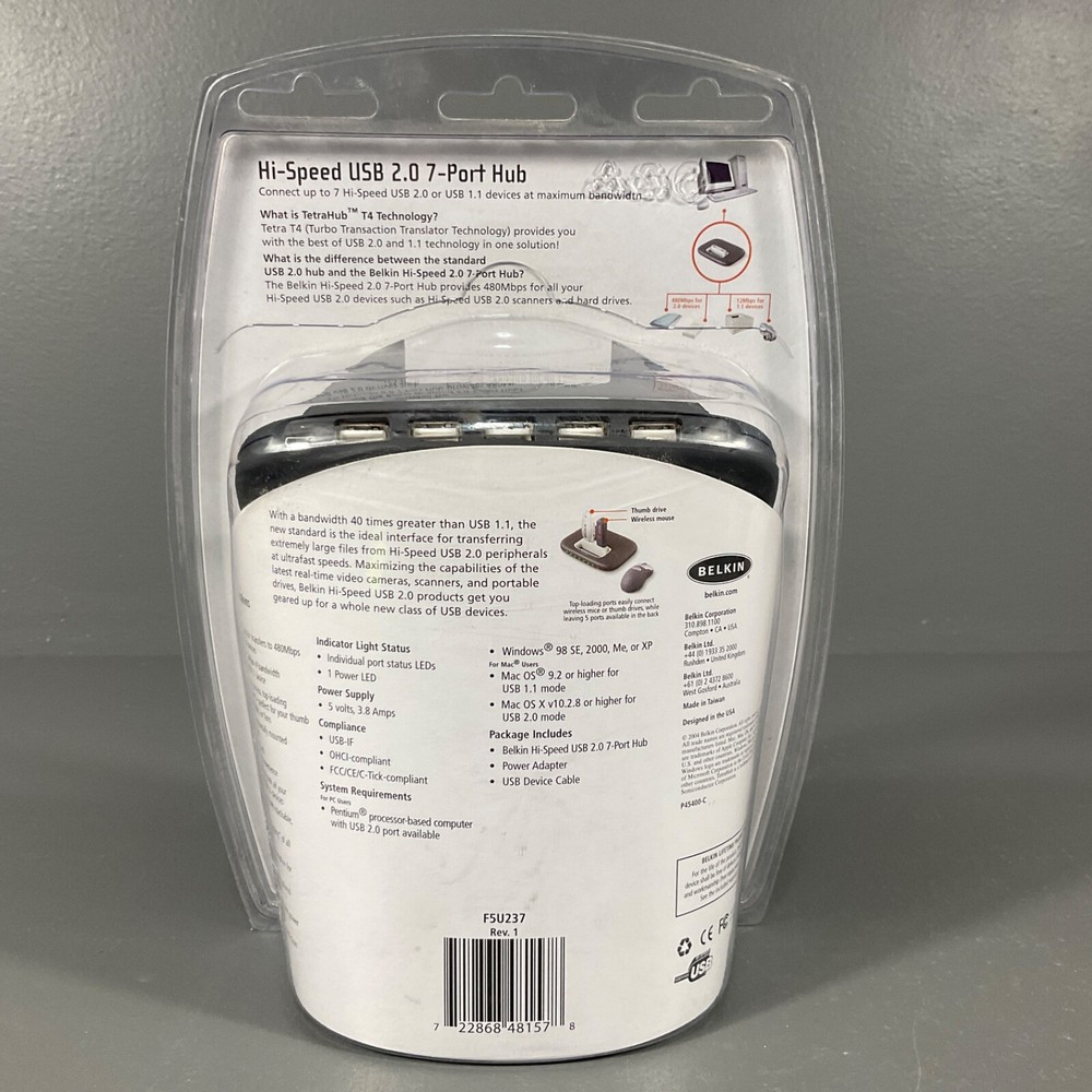 Belkin Hi-Speed Usb 2.0 7-Port Hub Tetrahub Tech Top-Loading Stackable Design