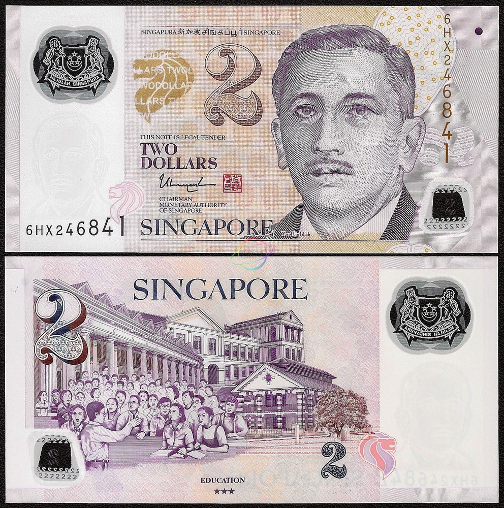 SINGAPORE 2 Dollars w/3 Solid Star 2019 P-46 Polymer UNC Uncirculated