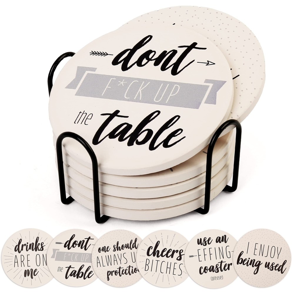 LotFancy Funny Drinks Coasters with Holder, 6PCS Ceramic with Cork Base, Roun...