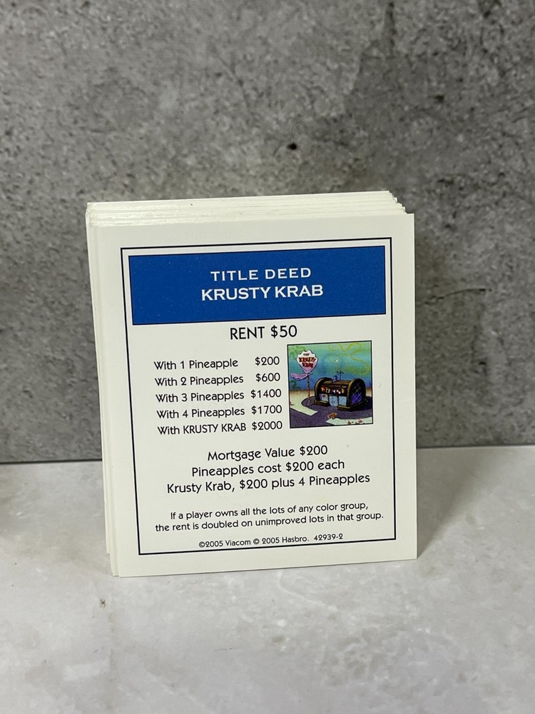 2005 Spongebob Squarepants Monopoly - Replacement Deed cards x28