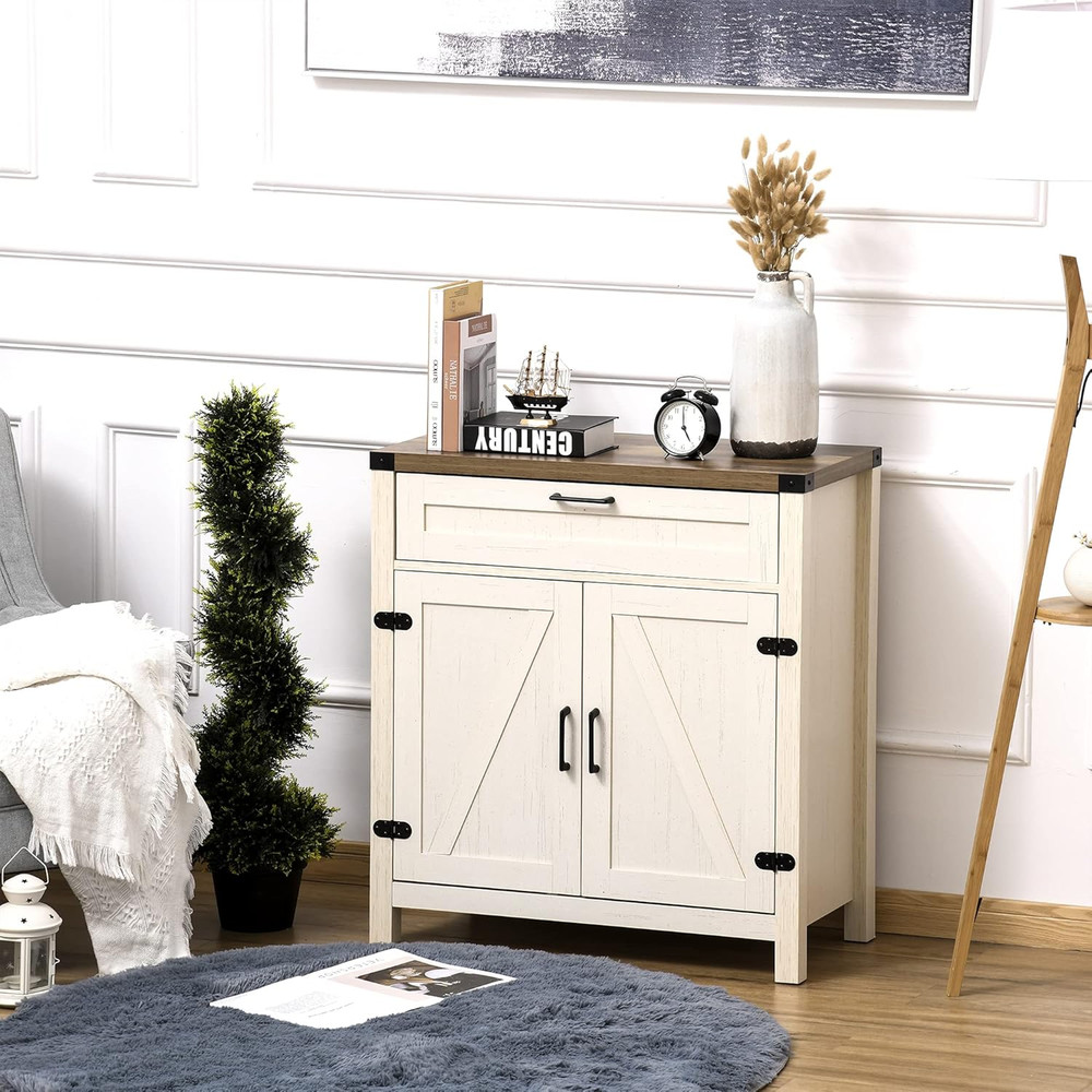 Modern Farmhouse Sideboard with Barn Doors & Storage Drawer, Distressed White