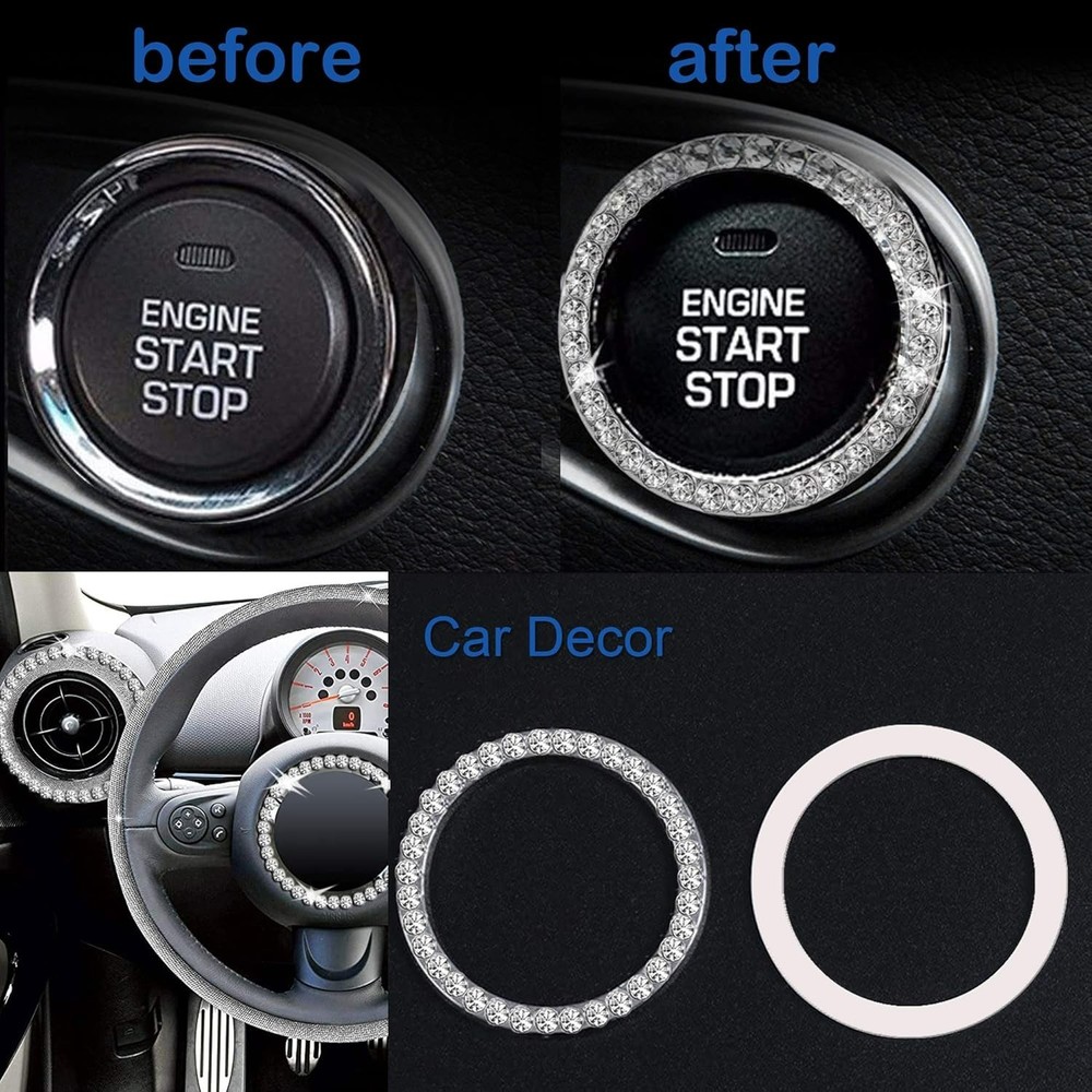 2pcs Bling Car Engine Start Button Cover Diamond Crystal Push Start Stop Butt...