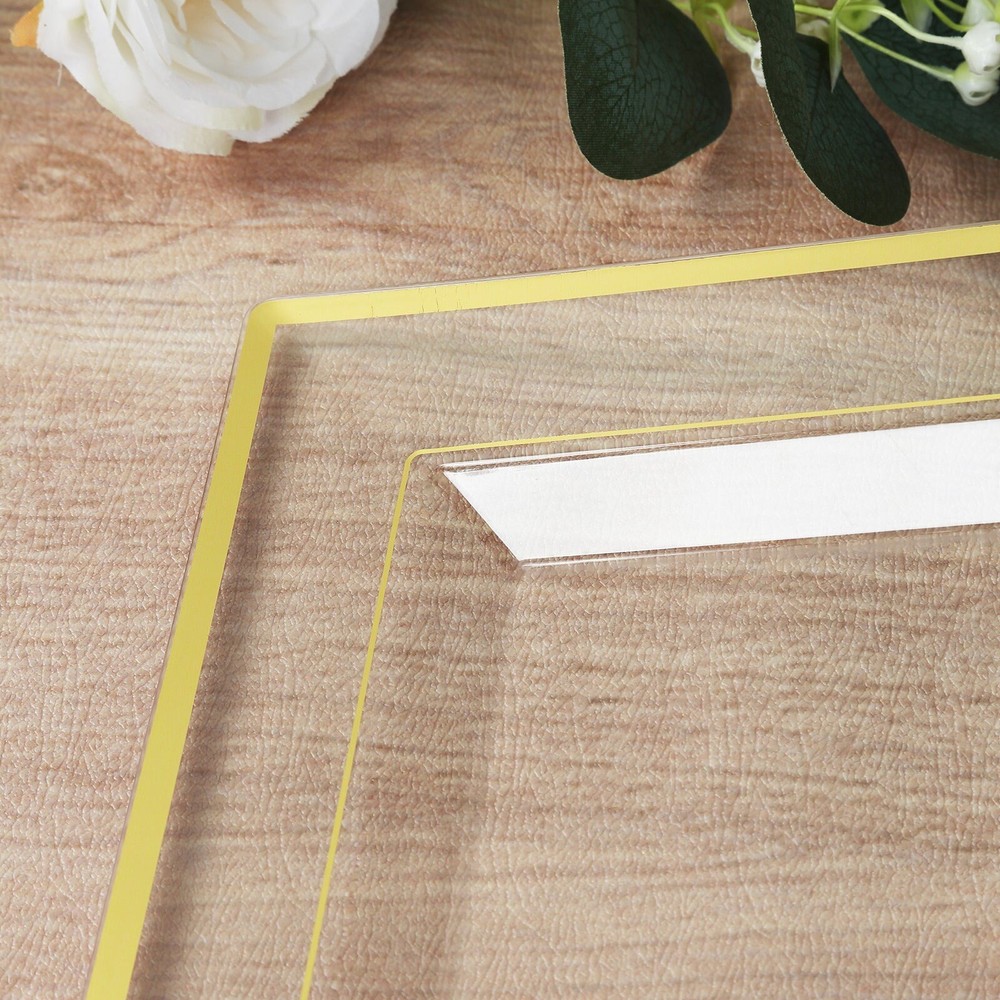 10 Clear Rectangular Plastic Serving Trays with Gold Rim Party Decorations
