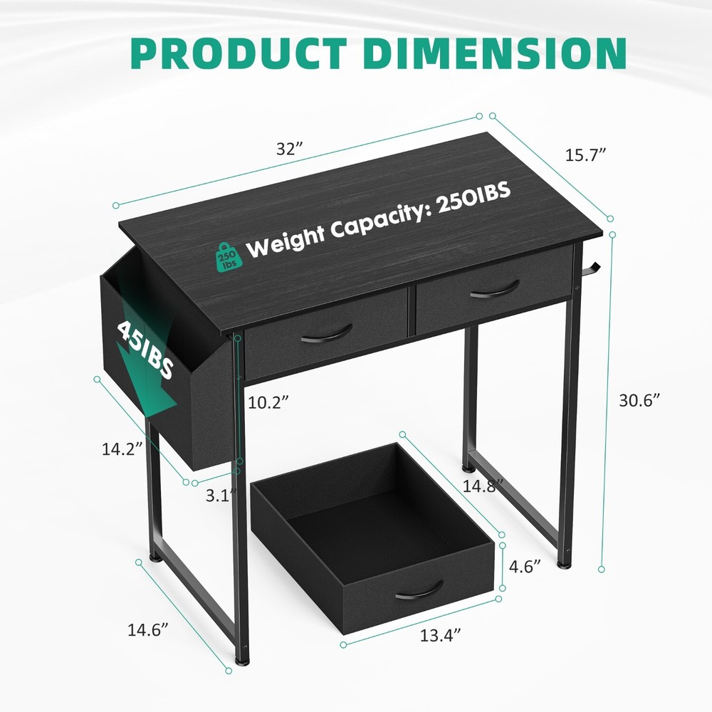 32" Modern Home Office Computer Desk with 2 Fabric Drawers Storage with Side Bag