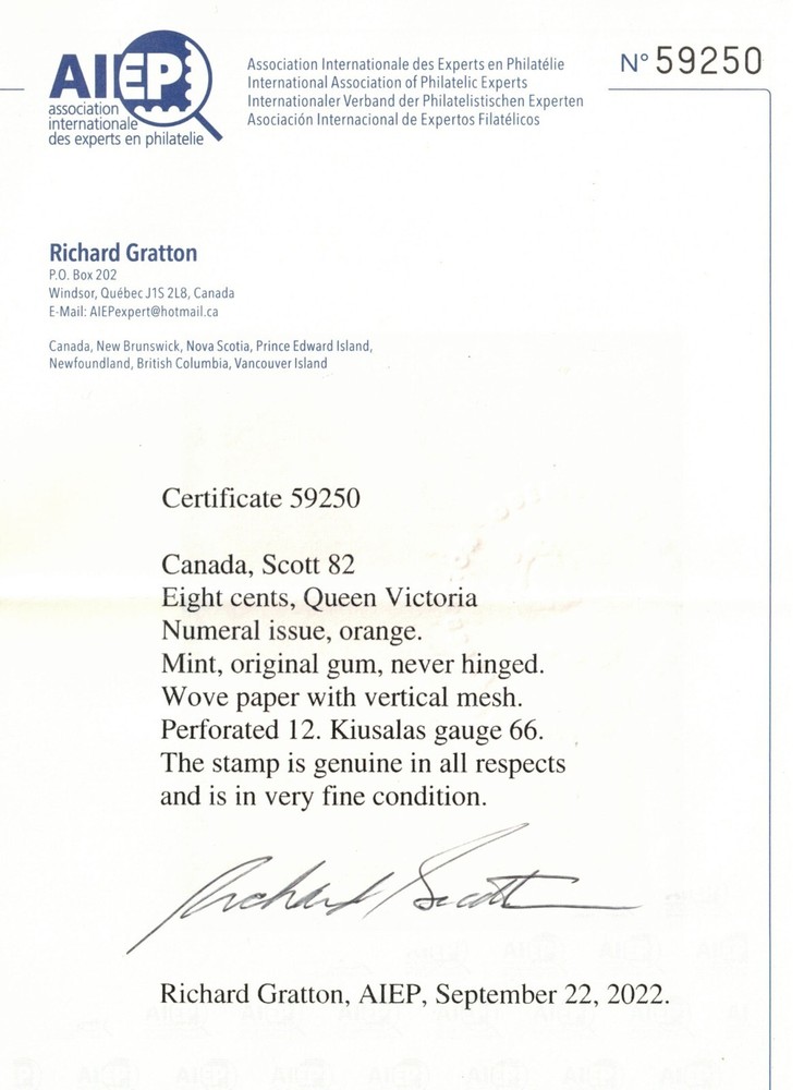 Canada #82 Very Fine Never Hinged **With Certificate**