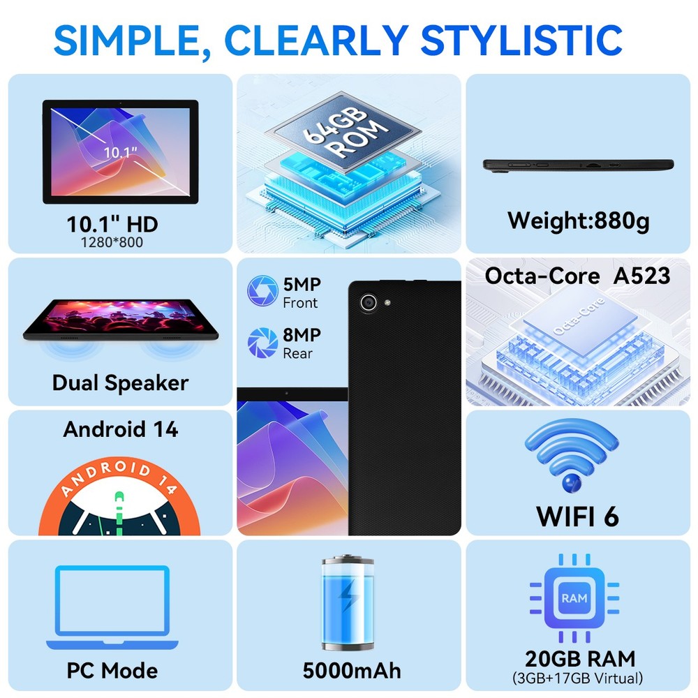 10.1 inch Android 15 Tablets HD Touchscreen Octa-Core 20GB+64GB Dual Camera US