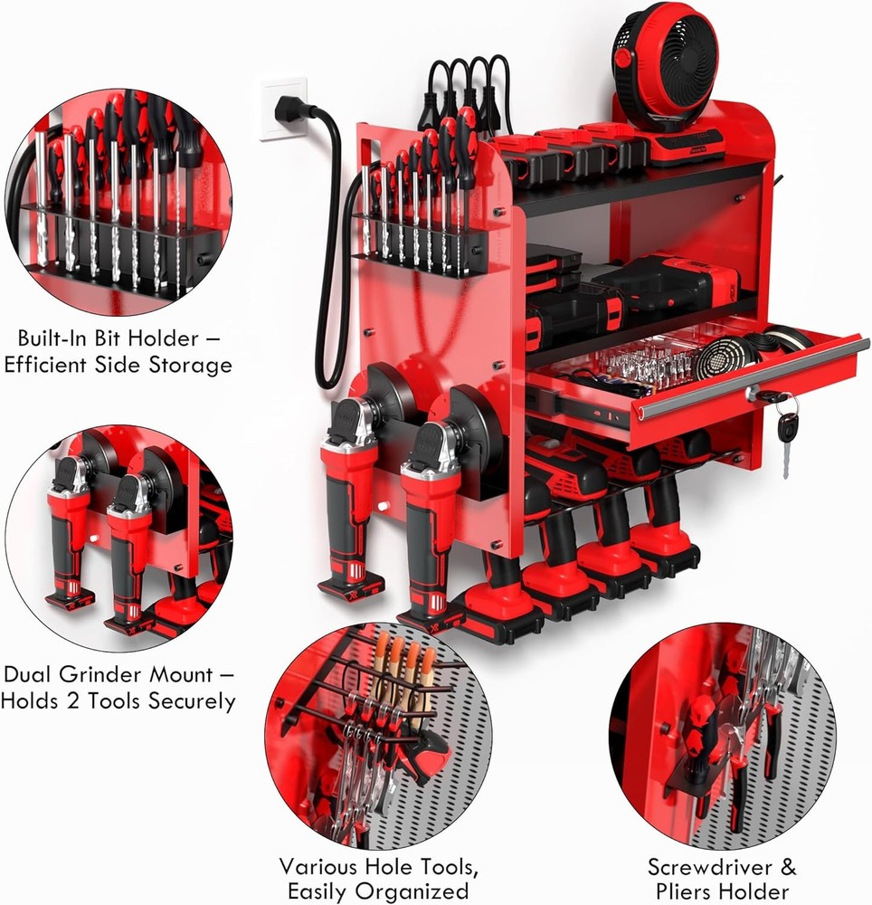 Power Tool Organizer Wall Mount with Drill Rack & Locking Drawers - Heavy Duty