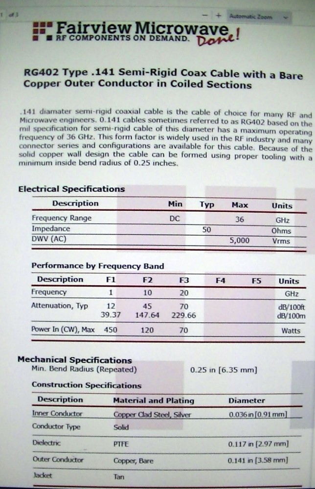RG402 SOLID COPPER SHIELD COAX, STRAIGHT 5FT STICKS 17 COUNT