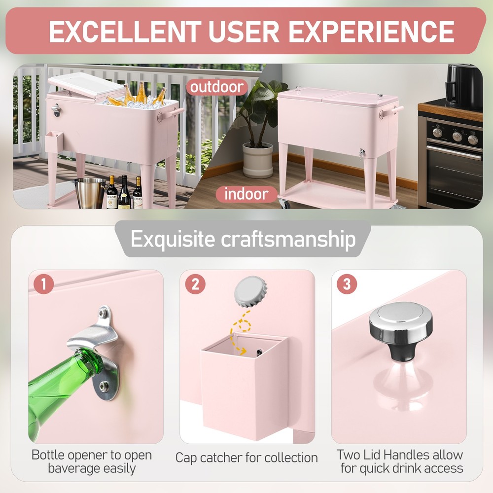 80QT Pink Outdoor Rolling Cooler