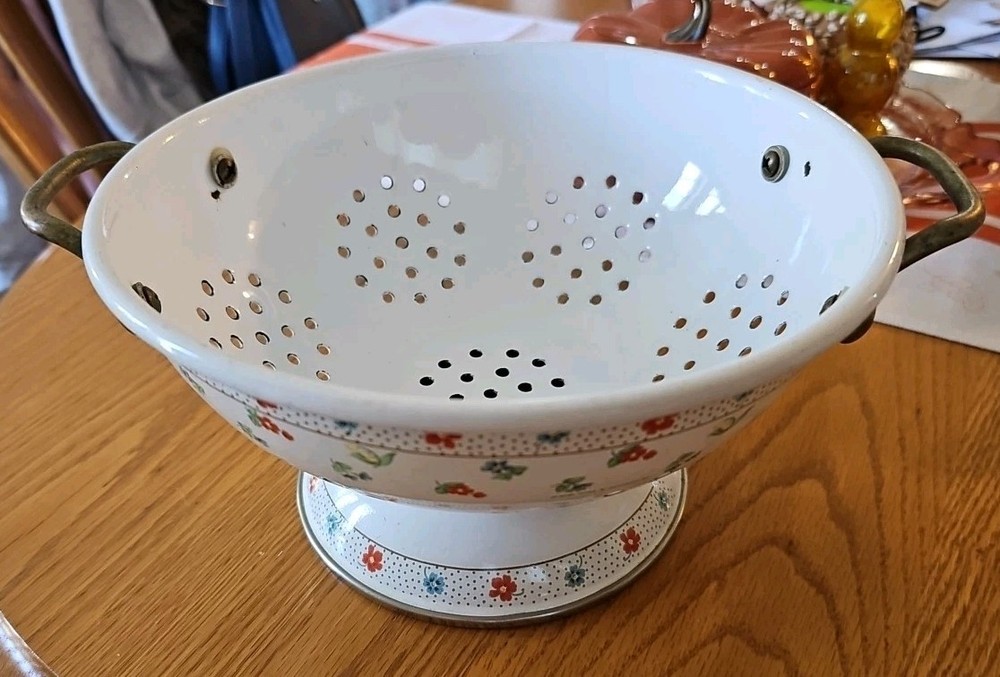 Enamel Kitchen Colander, Brass Handles, White With Red Blue Floral Pattern