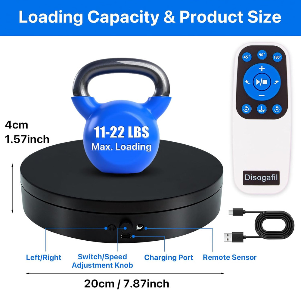 Motorized Rotating Display Stand with Remote, 7.87In Display Turntable, Max 22Lb