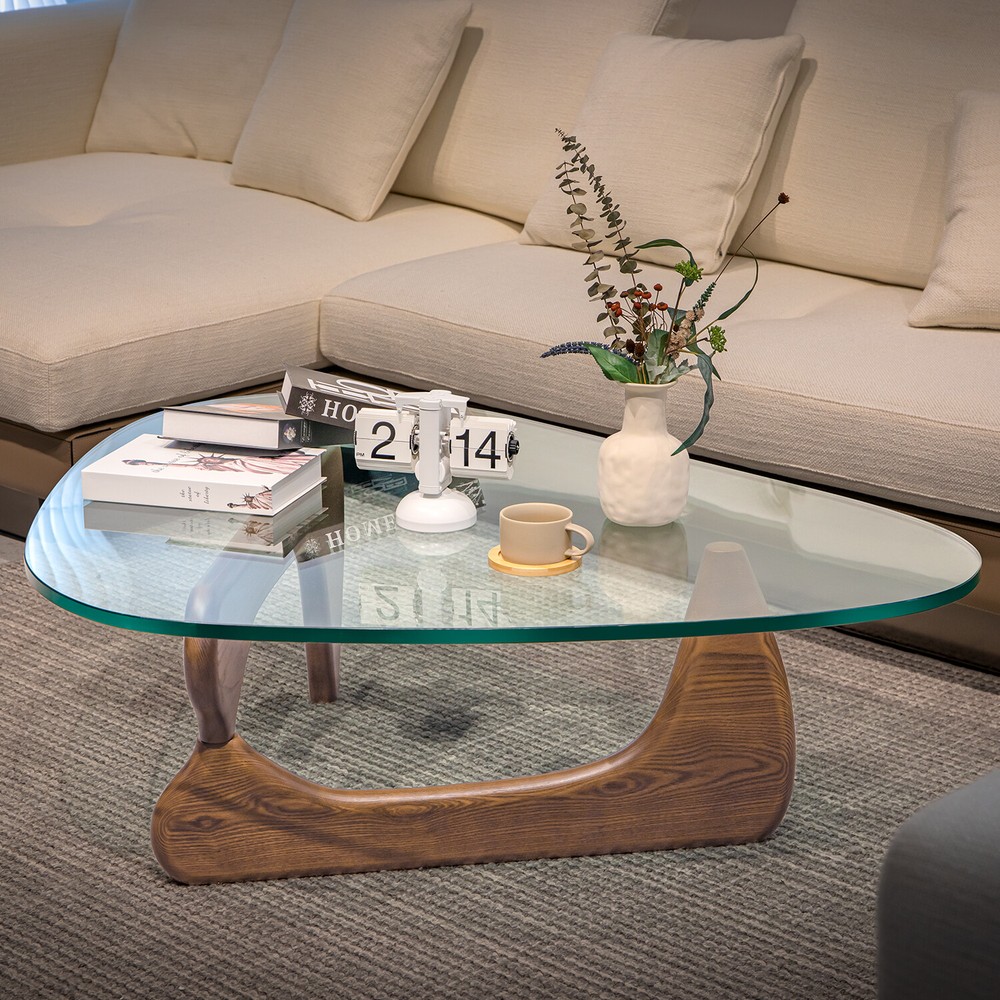 Mid-century Modern Triangle Noguchi Coffee Table Solid Wood Base Tempered Glass