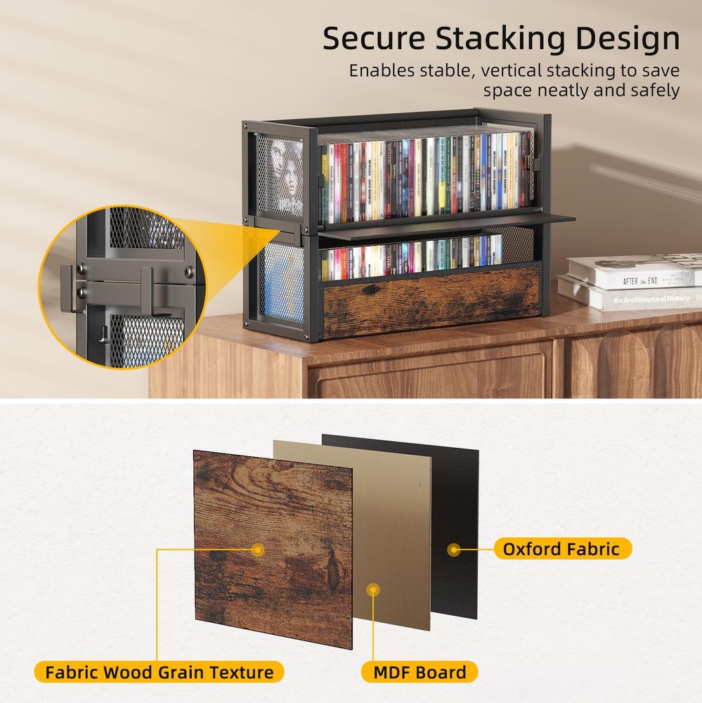 2-Tier CD Holder with Fabric Wood Grain Texture, Stackable CD Storage Case an...