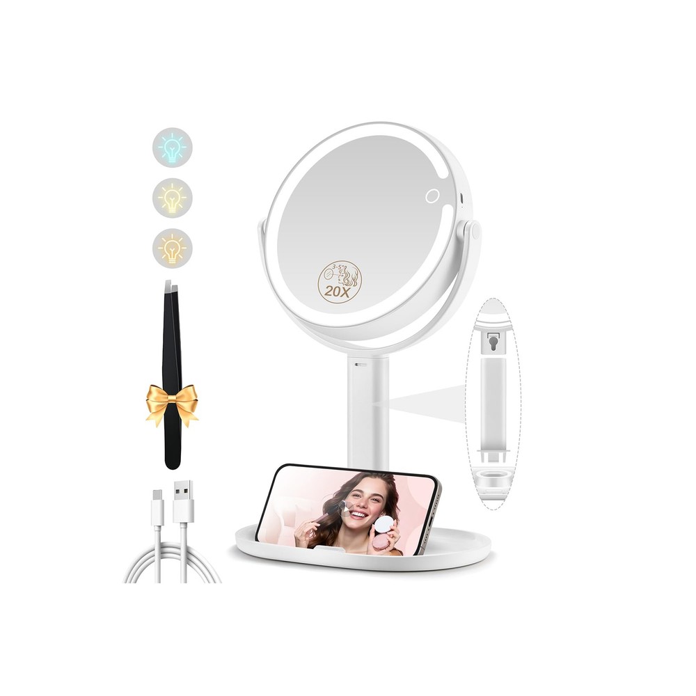 Makeup Mirror with Lights, Double Sided 1x/20x Magnifying Mirror with Light, ...