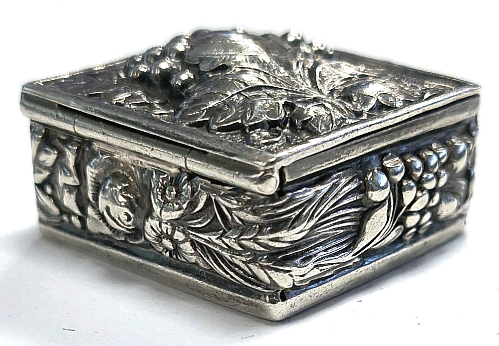 Vintage Sterling Silver 925 Grape & Leaf Pillbox Chatelaine / Pendant Box