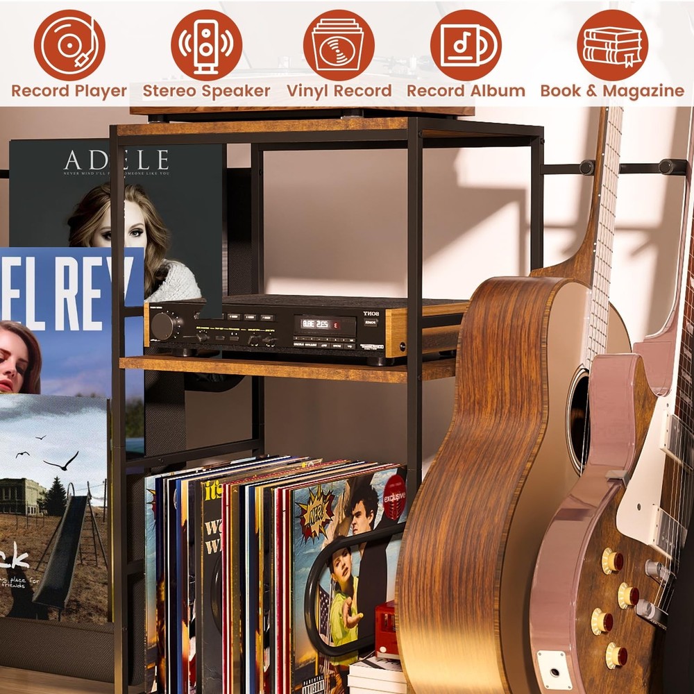 Multi-Guitar Stand & Record Player Stand with Storage Shelf, 3-in-1 Adjustabl...