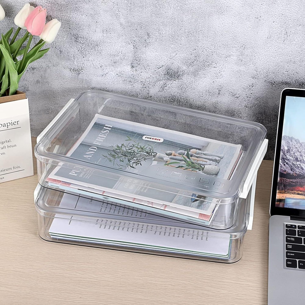 BTSKY 2 Pack Clear Plastic Stackable Storage Box File Protector Big, White