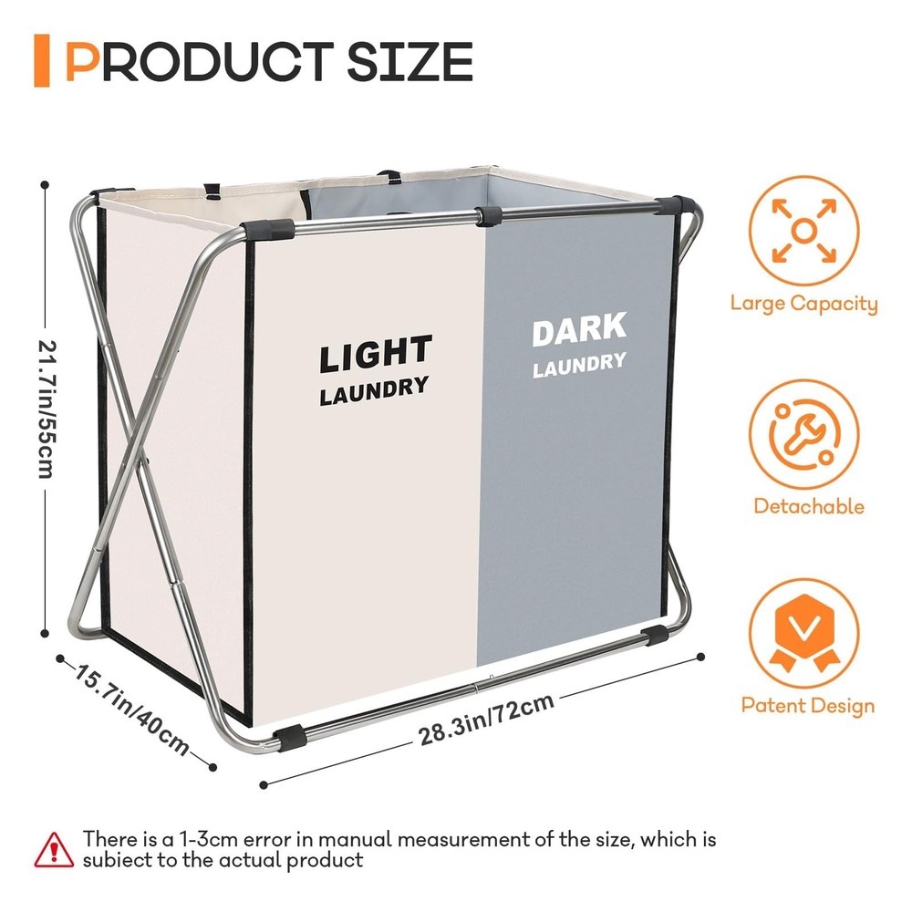 Laundry Cloth Hamper Sorter Basket Bin Foldable 2 Sections with stainless ste...