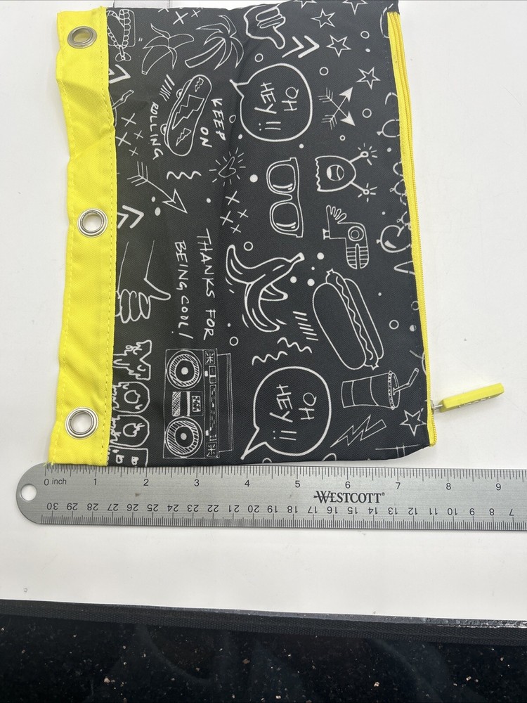 Yoobi Binder Zip Case Black & White Chalkboard Writing & Drawings Design