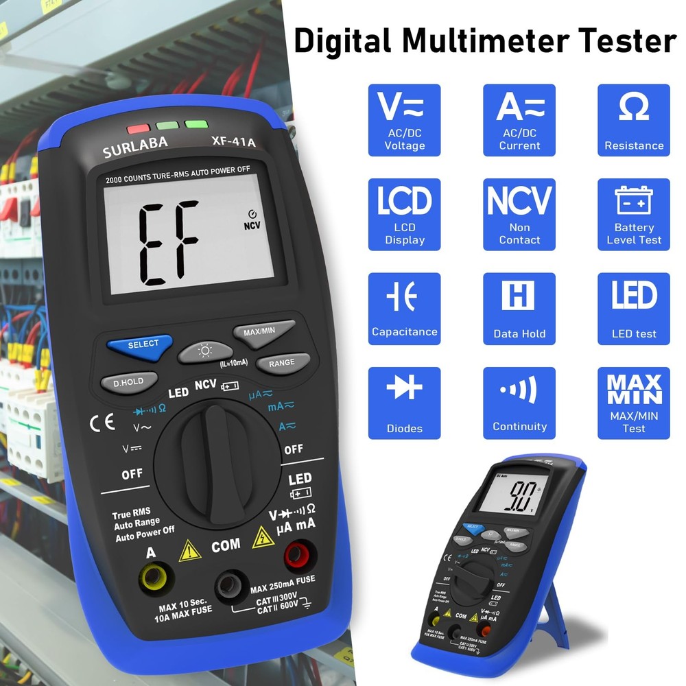 SURLABA Digital Multimeter, DC/AC Current Voltage Tester, 41A-B, Blue