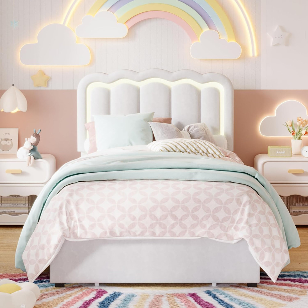 SHA CERLIN Upholstered Twin Size Bed Frame with LED Lights and Large Storage Dra
