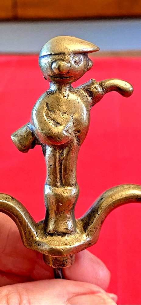 Vintage Solid Brass BOY w UMBRELLA Figural 4-D CORKSCREW 2 Finger Pull, Austria?