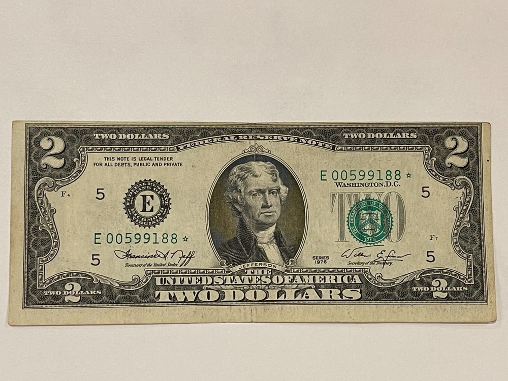 1976 two dollar federal reserve star note offset error miscut, misaligned