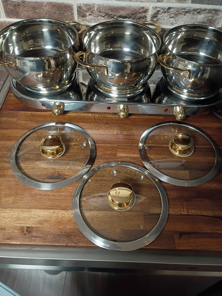 Command Performance Stainless/ Gold Buffet Cookware Set 3 Pots Lids & Warmer