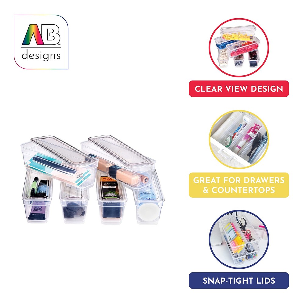 6 Bin Pack, Long Home Organizer Storage Boxes with Lids, Translucent Clear